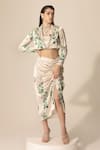 Buy_Sakshi Girri_Ivory Stretch Satin Printed Botanical Shawl Lapel Blazer And Skirt Set _at_Aza_Fashions