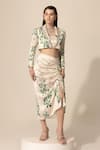 Shop_Sakshi Girri_Ivory Stretch Satin Printed Botanical Shawl Lapel Blazer And Skirt Set _Online_at_Aza_Fashions