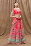 Buy_Khwaab by Sanjana Lakhani_Red Lehenga And Blouse Chinnon Printed Floral & Mughal Pattern Leaf Neck Set_Online_at_Aza_Fashions