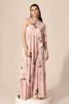 Buy_Sakshi Girri_Pink Double Georgette Printed Botanical One Shoulder Tunic And Sharara Set _at_Aza_Fashions