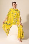 Sakshi Girri_Yellow Crepe Printed Botanical Round Cape And Bell Bottom Pant Set _at_Aza_Fashions