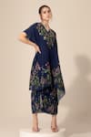 Buy_Sakshi Girri_Blue Crepe Printed Botanical V Neck Pattern Kaftan And Skirt Set _Online_at_Aza_Fashions