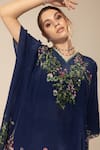 Shop_Sakshi Girri_Blue Crepe Printed Botanical V Neck Pattern Kaftan And Skirt Set _Online_at_Aza_Fashions