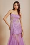 Masumi Mewawalla_Purple Net, Linen Embroidery Bandeau Neck Hand Strapless Gown _Online_at_Aza_Fashions