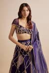 Masumi Mewawalla_Purple Mashroo Hand Embroidered Badla Sweetheart Geometric Lehenga Set _Online_at_Aza_Fashions