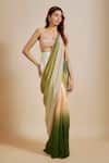 Buy_Masumi Mewawalla_Green Natural Crepe Hand Embroidered Ombre Pre-draped Saree With Blouse _at_Aza_Fashions