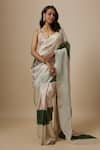 Buy_Masumi Mewawalla_Green Tissue Hand Embroidered Badla Plunged V Color Block Saree With Blouse _Online_at_Aza_Fashions