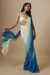 Buy_Masumi Mewawalla_Blue Natural Crepe Hand Embroidered Ocean Ombre Pre-draped Saree With Bouse _Online_at_Aza_Fashions