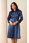 Savaaya_Blue Suede Silk Applique Shirt Collar Panelled Dress _Online_at_Aza_Fashions