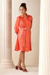 Buy_Savaaya_Orange Suede Silk Textured Lapel Collar Dress With Belt  _at_Aza_Fashions