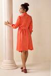 Shop_Savaaya_Orange Suede Silk Textured Lapel Collar Dress With Belt  _at_Aza_Fashions