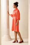 Savaaya_Orange Suede Silk Textured Lapel Collar Dress With Belt  _Online_at_Aza_Fashions