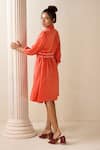 Buy_Savaaya_Orange Suede Silk Textured Lapel Collar Dress With Belt  _Online_at_Aza_Fashions