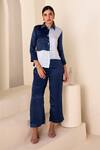 Buy_Savaaya_Blue Suede Silk Colourblock Shirt Collar Tonal With Pant  _at_Aza_Fashions