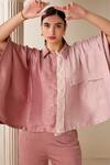 Buy_Savaaya_Pink Suede Silk Colourblock Shirt Collar Tonal Kaftan With Pant _Online_at_Aza_Fashions