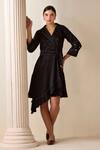 Buy_Savaaya_Black Suede Silk Textured Lapel Collar Asymmetric Dress _at_Aza_Fashions