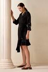 Savaaya_Black Suede Silk Textured Lapel Collar Asymmetric Dress _Online_at_Aza_Fashions