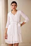 Buy_Savaaya_White Linen Blend Embroidered Thread V Neck Dress With Belt  _Online_at_Aza_Fashions