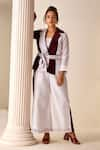 Buy_Savaaya_Maroon Linen Blend Embroidered Color Blocked Thread Jacket And Pant Set  _at_Aza_Fashions