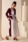 Savaaya_Maroon Linen Blend Embroidered Color Blocked Thread Jacket And Pant Set  _Online_at_Aza_Fashions