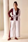 Shop_Savaaya_Maroon Linen Blend Embroidered Color Blocked Thread Jacket And Pant Set  _Online_at_Aza_Fashions