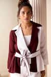 Savaaya_Maroon Linen Blend Embroidered Color Blocked Thread Jacket And Pant Set  _at_Aza_Fashions