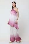 Shop_Midori By Sgv_Pink Satin Pearls, Sequins One Shoulder Celia Embellished Ombre Kurta With Pant _Online_at_Aza_Fashions