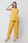 Buy_Midori By Sgv_Yellow Cotton Linen Slub Cutwork V-neck Chrisi Top With Pant _at_Aza_Fashions