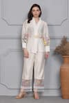 MIDORI BY SGV_Off White Cotton Silk Chanderi Embroidered Floral V Neck Top And Pant Set _Online_at_Aza_Fashions