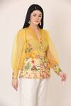 Midori By Sgv_Yellow Organza Embroidery V-neck Floral Wrap Top With Belt _Online_at_Aza_Fashions