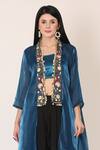 Midori By Sgv Blue Shimmer Organza Embroidered Thread Georgette Cape With Bustier Online at Aza Fashions Midori By Sgv_Blue Shimmer Organza Embroidered Thread Georgette Cape With Bustier _Online_at_Aza_Fashions