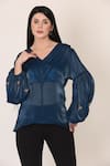 Buy_MIDORI BY SGV_Blue Shimmer Organza Embroidered Pintucked Feather Embellished Top  _at_Aza_Fashions