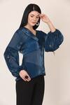 MIDORI BY SGV_Blue Shimmer Organza Embroidered Pintucked Feather Embellished Top  _Online_at_Aza_Fashions