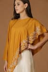 Shop_MIDORI BY SGV_Yellow Silk Slub Embroidered Floral A-line Dress With Asymmetric Cape  _Online_at_Aza_Fashions