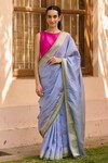 Buy_Surmaye_Blue Handwoven Mulberry Silk Morning Haze Jamdani Zari Border Saree _at_Aza_Fashions