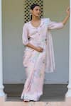 Shop_Surmaye_Pink Handwoven Mulberry Silk Hand Painted Magnolia Aura Saree  _at_Aza_Fashions