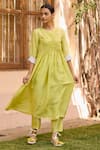 Buy_Surmaye_Green Handwoven Blossom Embellished Smocked Yoke Kurta With Pant  _at_Aza_Fashions