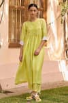 Surmaye_Green Handwoven Blossom Embellished Smocked Yoke Kurta With Pant  _Online_at_Aza_Fashions