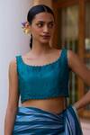 Buy_Surmaye_Blue Handwoven Mulberry Silk Horizon Scallop Cutwork Edge Blouse  _at_Aza_Fashions