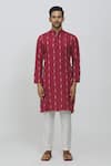 Aryavir Malhotra_Red Semi Cotton Linen Printed Geometric Full Sleeve Kurta _Online_at_Aza_Fashions