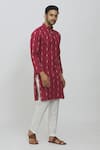 Shop_Aryavir Malhotra_Red Semi Cotton Linen Printed Geometric Full Sleeve Kurta _Online_at_Aza_Fashions