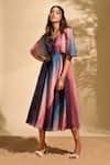 Shop_Whimsical By Shica x AZA_Multi Color Organza Satin Printed Stroke Blunt V Neck Dress 