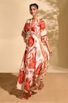 Whimsical By Shica x AZA_Red Natural Crepe Printed Botanical Blunt V Neck Dress _at_Aza_Fashions