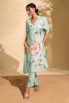 Whimsical By Shica x AZA_Blue Modal Satin Printed Flower Collar Kurta And Pant Set _at_Aza_Fashions