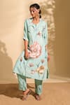 Buy_Whimsical By Shica x AZA_Blue Modal Satin Printed Flower Collar Kurta And Pant Set _Online