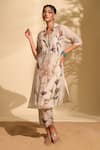 Whimsical By Shica x AZA_White Handloom Cotton Printed Big Flower Collar Kurta And Pant Set _at_Aza_Fashions