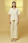 Kalakaari By Sagarika_White Cotton Lace V-neck Stripe Print Top And Pant Set _at_Aza_Fashions