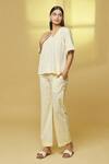Kalakaari By Sagarika_White Cotton Lace V-neck Stripe Print Top And Pant Set _Online_at_Aza_Fashions