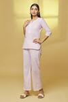 Kalakaari By Sagarika_White Cotton Lace Split V-neck Stripe Handblock Print Top And Pant Set _Online_at_Aza_Fashions