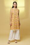 Buy_Kalakaari By Sagarika_Yellow Cotton Printed Floral Notched Straight Kurta And Pant Set _Online_at_Aza_Fashions